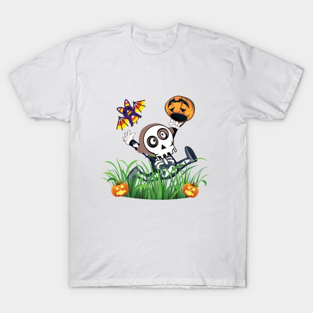 Cute Trick or Treat Bat Attack on Crazy Skeleton Child T-Shirt by dcohea